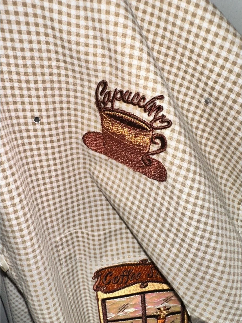 Vintage Coffee Embroidered Gingham Button Up Shirt Café Aesthetic Brown Beige Si - Picture 5 of 5